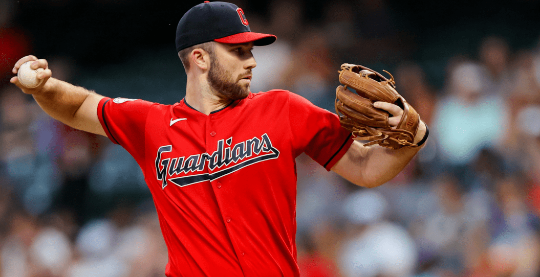 Cleveland Guardians position player David Fry (12) delivers a pitch to the plate during the sixth inning of the Major League Baseball game between the Minnesota Twins and Cleveland Guardians on September 4, 2023, at Progressive Field in Cleveland, OH.