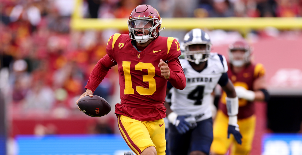 LOS ANGELES, CALIFORNIA - SEPTEMBER 02: Caleb Williams #13 of the USC Trojans runs the ball during the second quarter against the Nevada Wolf Pack at United Airlines Field at the Los Angeles Memorial Coliseum on September 02, 2023 in Los Angeles, California.
