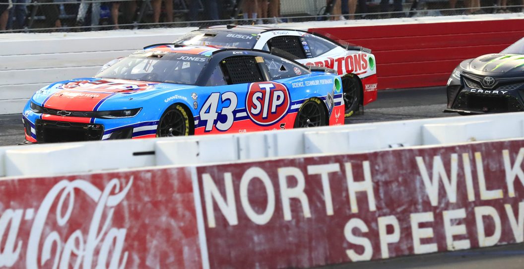 NORTH WILKESBORO, NC - MAY 21: Erik Jones (#43 LEGACY MOTOR CLUB STP Chevrolet) sports the iconic Petty STP paint scheme during the Sunday evening NASCAR Cup Series All-Star Race on May 21, 2023 at the North Wilkesboro Speedway in North Wilkesboro, North Carolina.