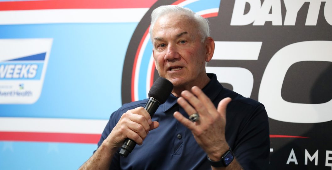 DAYTONA BEACH, FLORIDA - FEBRUARY 19: (L-R) NASCAR Hall of Fame driver Dale Jarrett speaks to the media during a press conference prior tothe NASCAR Cup Series 65th Annual Daytona 500 at Daytona International Speedway on February 19, 2023 in Daytona Beach, Florida.