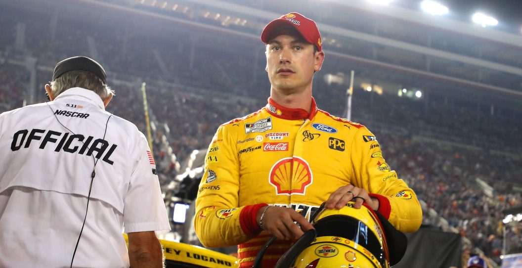 BRISTOL, TENNESSEE - SEPTEMBER 16: Joey Logano, driver of the #22 Shell Pennzoil Ford, reacts to exiting the race after an on-track incident during the NASCAR Cup Series Bass Pro Shops Night Race at Bristol Motor Speedway on September 16, 2023 in Bristol, Tennessee.