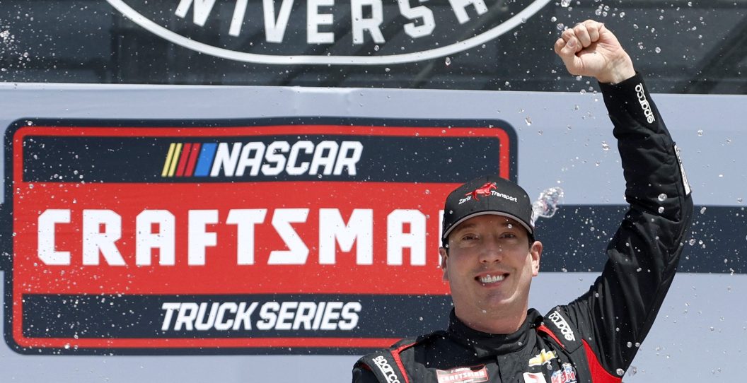 LONG POND, PENNSYLVANIA - JULY 22: Kyle Busch, driver of the #51 Zariz Transport Chevrolet, celebrates in victory lane after winning NASCAR Craftsman Truck Series CRC Brakleen 150 and Kyle Busch Motorsports' 100th win in the NASCAR Truck Series at Pocono Raceway on July 22, 2023 in Long Pond, Pennsylvania.