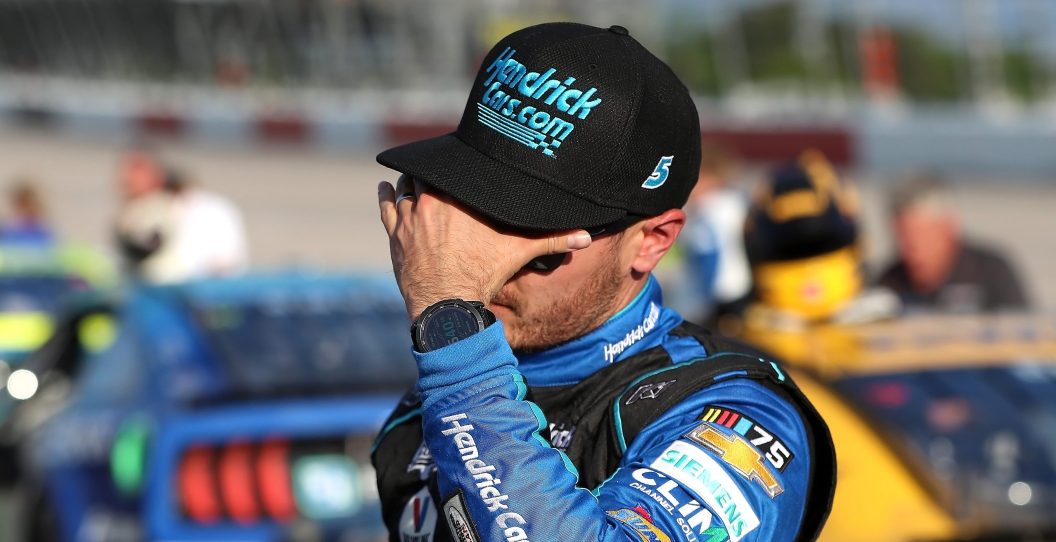 DARLINGTON, SOUTH CAROLINA - MAY 14: Kyle Larson, driver of the #5 HendrickCars.com Throwback Chevrolet, reacts after getting out of his car following the NASCAR Cup Series Goodyear 400 at Darlington Raceway on May 14, 2023 in Darlington, South Carolina.