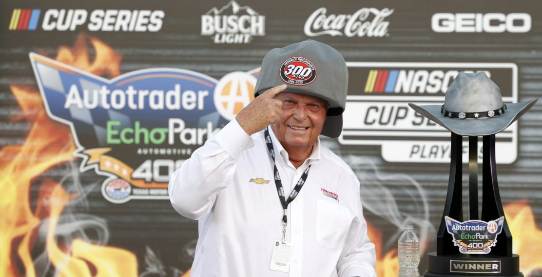 FORT WORTH, TEXAS - SEPTEMBER 24: NASCAR Hall of Famer, Rick Hendrick team owner of Hendrick Motorsport celebrates Hendrick Motorsports' 300th NASCAR Cup Series win after William Byron, driver of the #24 Liberty University Chevrolet, w the NASCAR Cup Series Autotrader EchoPark Automotive 400 at Texas Motor Speedway on September 24, 2023 in Fort Worth, Texas.