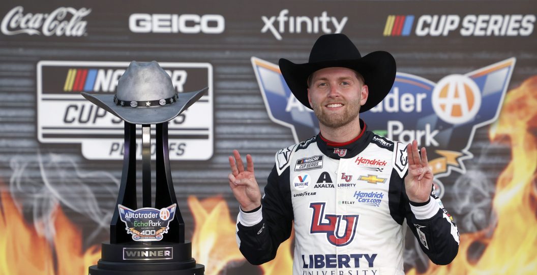 FORT WORTH, TEXAS - SEPTEMBER 24: William Byron, driver of the #24 Liberty University Chevrolet, celebrates in victory lane after winning the NASCAR Cup Series Autotrader EchoPark Automotive 400 at Texas Motor Speedway on September 24, 2023 in Fort Worth, Texas.