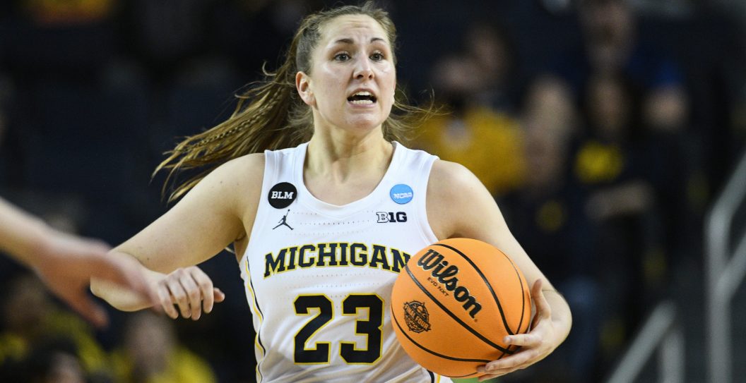 ANN ARBOR, MI - MARCH 21: Michigan Wolverines guard Danielle Rauch (23) calls out a play during a game between the Villanova Wildcats and the Michigan Wolverines during the second round of the 2022 NCAA Women's Basketball Tournament held at Crisler Arena on March 21, 2022 in Ann Arbor, Michigan.