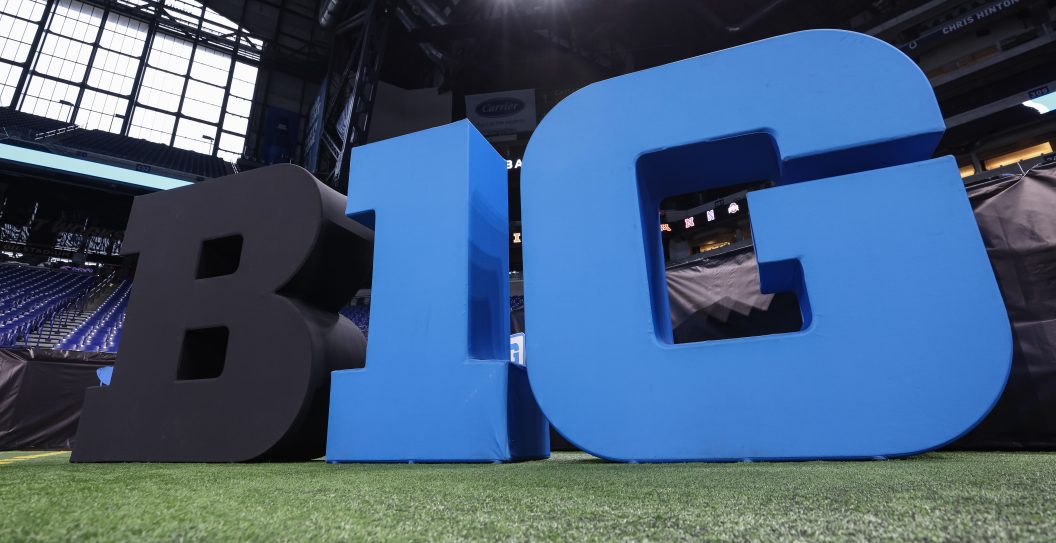 INDIANAPOLIS, IN - JULY 26: General view of the Big Ten Conference logo seen on the field during the 2022 Big Ten Conference Football Media Days at Lucas Oil Stadium on July 26, 2022 in Indianapolis, Indiana.