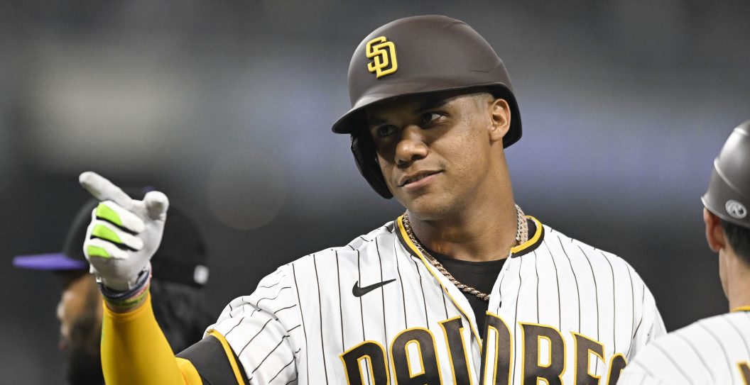 SAN DIEGO, CA - AUGUST 3: Juan Soto #22 of the San Diego Padres points back to the dugout after hitting a single in the eighth inning against the Colorado Rockies August 3, 2022 at Petco Park in San Diego, California.