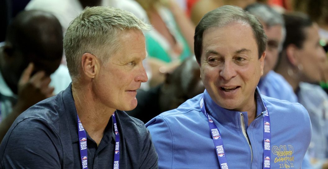 LAS VEGAS, NEVADA - JULY 10: Head coach Steve Kerr (L) and governor Joe Lacob of the Golden State Warriors look on during a game between the Warriors and the San Antonio Spurs during the 2022 NBA Summer League at the Thomas & Mack Center on July 10, 2022 in Las Vegas, Nevada. NOTE TO USER: User expressly acknowledges and agrees that, by downloading and or using this photograph, User is consenting to the terms and conditions of the Getty Images License Agreement.