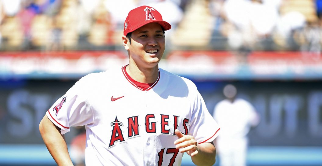 LOS ANGELES, CALIFORNIA - JULY 18: American League All-Star Shohei Ohtani #17 of the Los Angeles Angels looks on during the 2022 Gatorade All-Star Workout Day at Dodger Stadium on July 18, 2022 in Los Angeles, California.