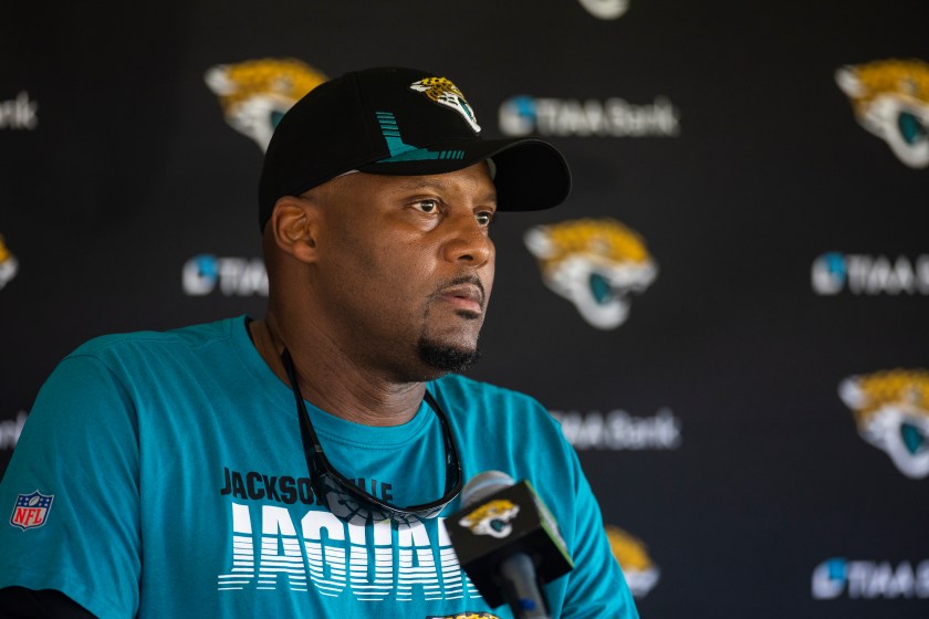JACKSONVILLE, FLORIDA - JULY 26: Mike Caldwell, Defensive coordinator of the Jacksonville Jaguars speaks to the Media during Training camp on July 26, 2022 at Episcopal High School in Jacksonville, Florida. 