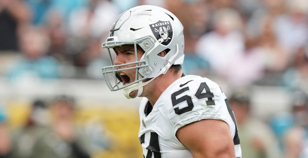 JACKSONVILLE, FLORIDA - NOVEMBER 06: Blake Martinez #54 of the Las Vegas Raiders celebrates after making a tackle in the second quarter of the game against the Jacksonville Jaguarsat TIAA Bank Field on November 06, 2022 in Jacksonville, Florida.