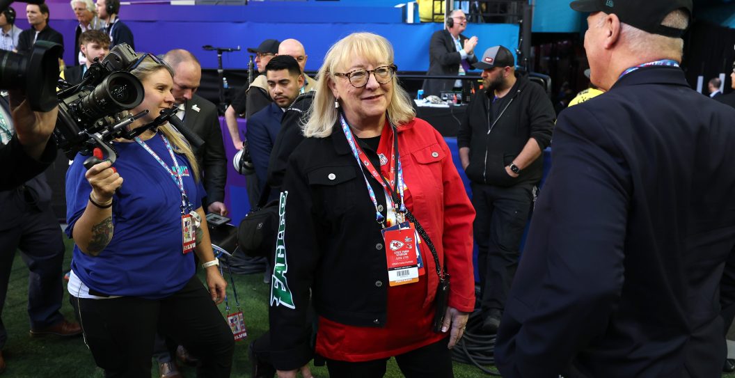 Donna Kelce, mother of Travis Kelce #87 of the Kansas City Chiefs and Jason Kelce #62 of the Philadelphia Eagles, looks on from the sideline before Super Bowl LVII between the Kansas City Chiefs and the Philadelphia Eagles at State Farm Stadium