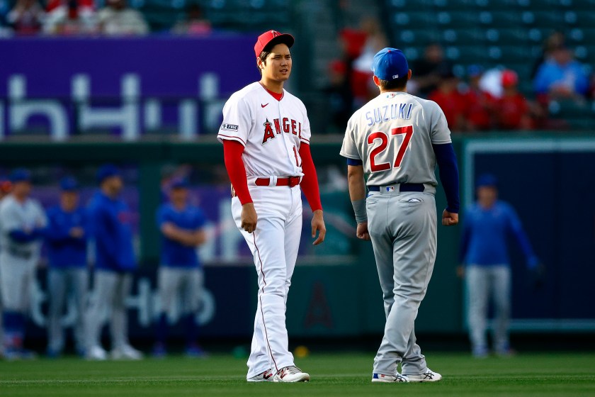 ANAHEIM, CALIFORNIA - JUNE 08:  Shohei Ohtani #17 of the Los Angeles Angels and Seiya Suzuki #27 of the Chicago Cubs before a game at Angel Stadium of Anaheim on June 08, 2023 in Anaheim, California. 