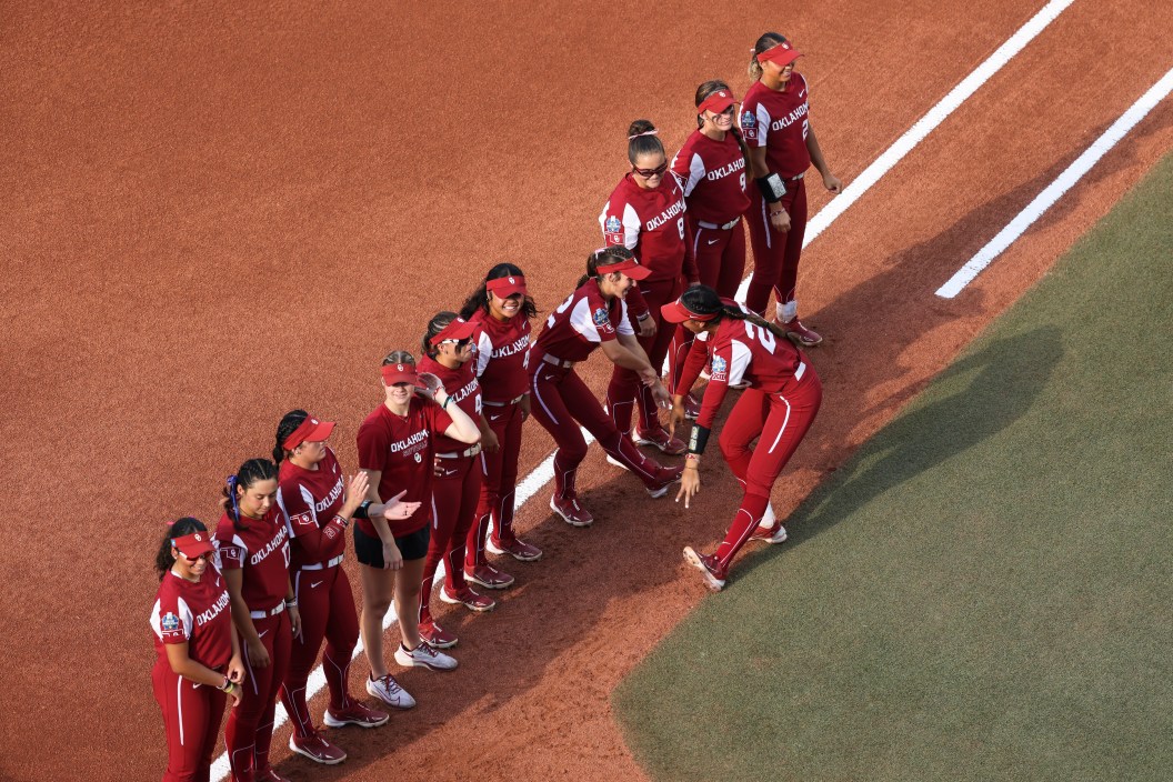 OKLAHOMA CITY, OK - JUNE 08: The Oklahoma Sooners are introduced before taking on the Florida State Seminoles in game two of the Division I Womens Softball Championship held at USA Softball Hall of Fame Stadium on June 8, 2023 in Oklahoma City, Oklahoma.