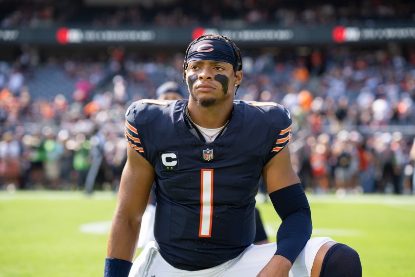 CHICAGO, IL - SEPTEMBER 10: Quarterback Justin Fields #1 of the Chicago Bears warms up prior to an NFL football game against the Green Bay Packers at Soldier Field on September 10, 2023 in Chicago, Illinois. 