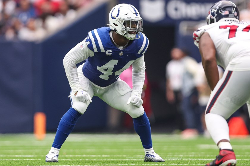 HOUSTON, TX - SEPTEMBER 17: Zaire Franklin #44 of the Indianapolis Colts defends in coverage during a game against the Houston Texans at NRG Stadium on September 17, 2023 in Houston, Texas. 