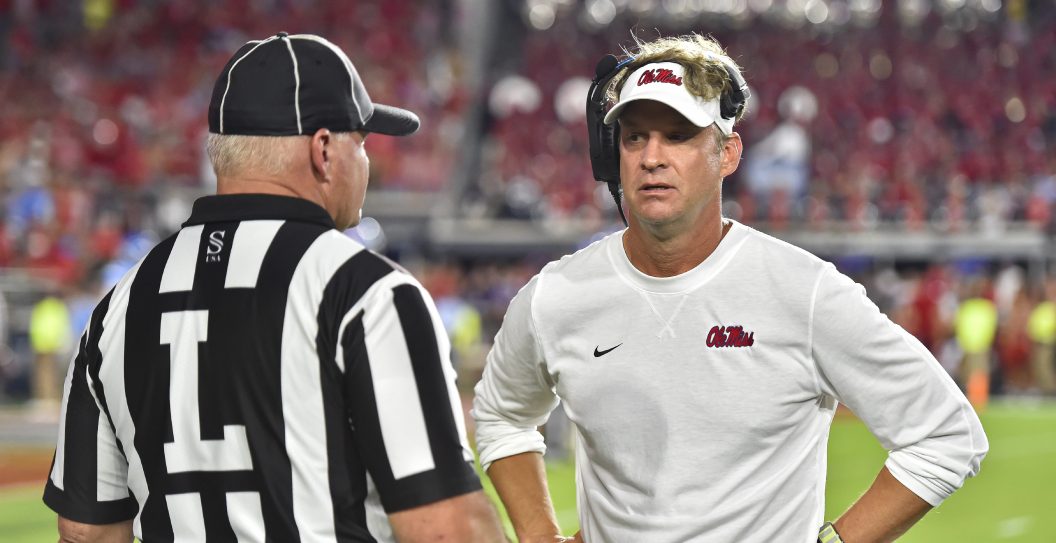 OXFORD, MS - SEPTEMBER 30: Mississippi Rebels coach Lane Kiffin talks to a referee during the third quarter of a college football game between the LSU Tigers and Mississippi Rebels on Saturday, September 30, 2023 at Vaught-Hemingway Stadium in Oxford, MS.