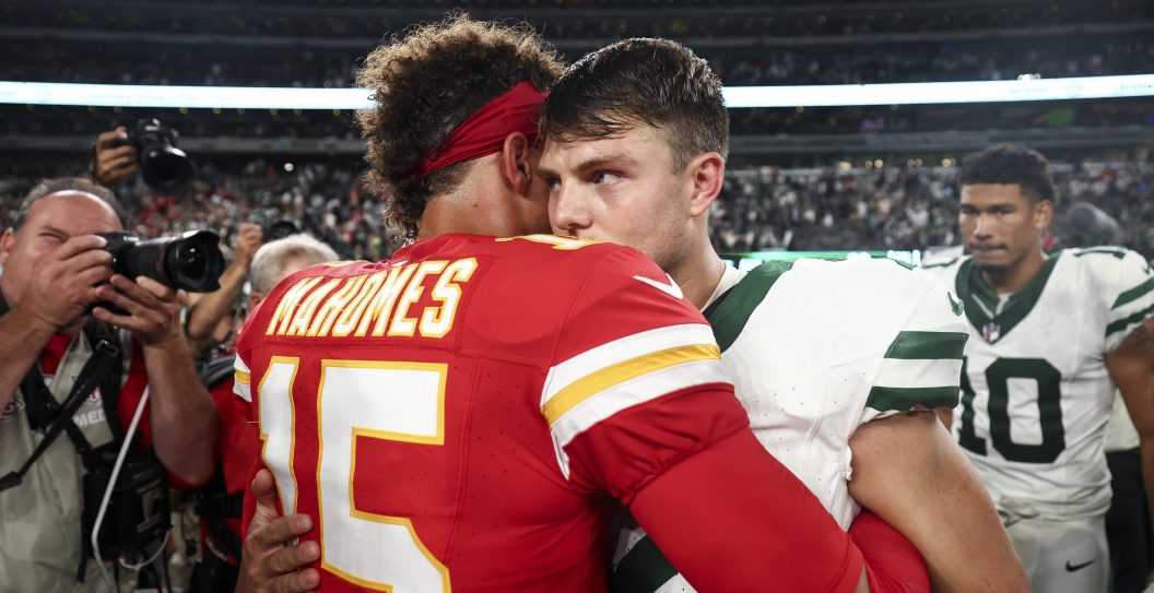 EAST RUTHERFORD, NJ - OCTOBER 1: Patrick Mahomes #15 of the Kansas City Chiefs hugs Zach Wilson #2 of the New York Jets after an NFL football game at MetLife Stadium on October 1, 2023 in East Rutherford, New Jersey.