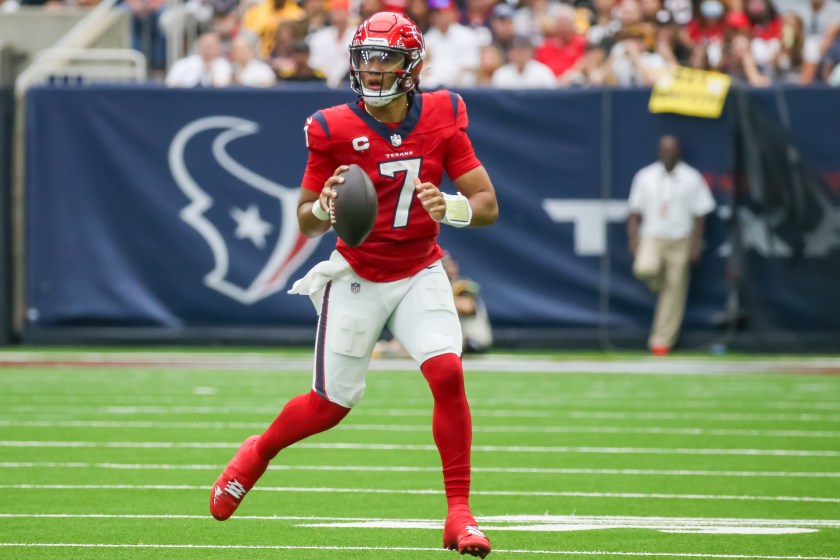 HOUSTON, TX - OCTOBER 01: Houston Texans quarterback C.J. Stroud (7) looks for an open receiver in the first quarter during the NFL game between the Pittsburgh Steelers and Houston Texans on October 1, 2023 at NRG Stadium in Houston, Texas. 