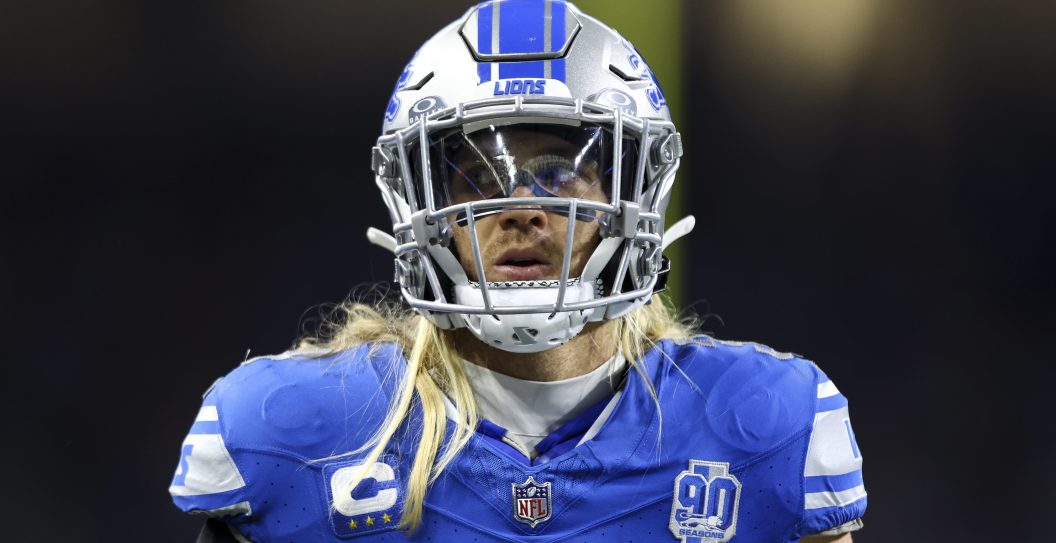 Alex Anzalone #34 of the Detroit Lions looks on during an NFL football game against the Atlanta Falcons at Ford Field