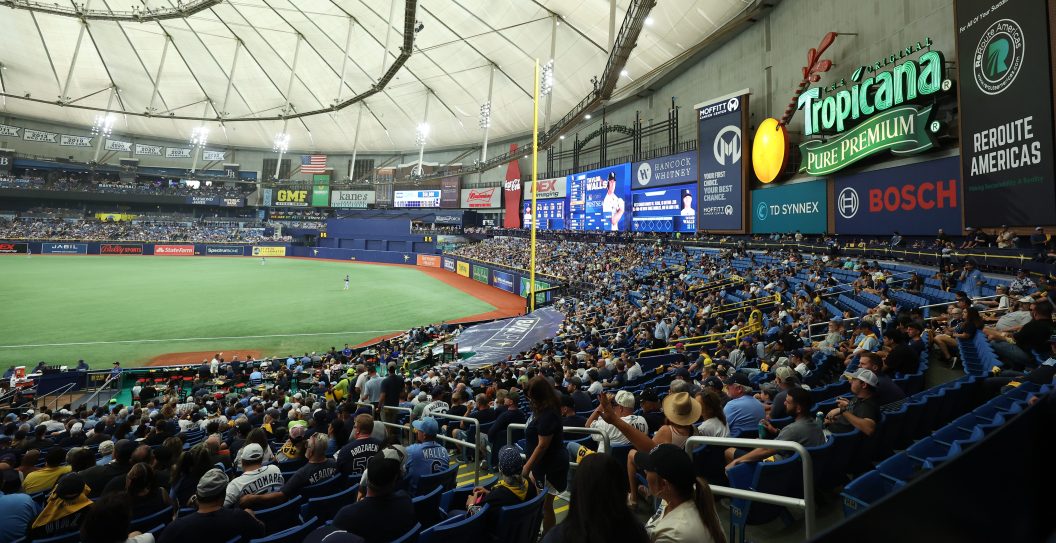 TAMPA, FL - OCTOBER 03: A general view of Tropicana Field during Game 1 of the Wild Card Series between the Texas Rangers and the Tampa Bay Rays at Tropicana Field on Tuesday, October 3, 2023 in Tampa, Florida.