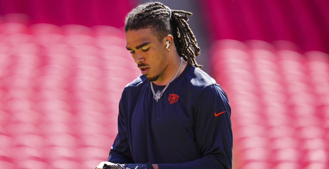 KANSAS CITY, MO - SEPTEMBER 24: Chase Claypool #10 of the Chicago Bears warms up prior to at GEHA Field at Arrowhead Stadium on September 24, 2023 in Kansas City, Missouri.