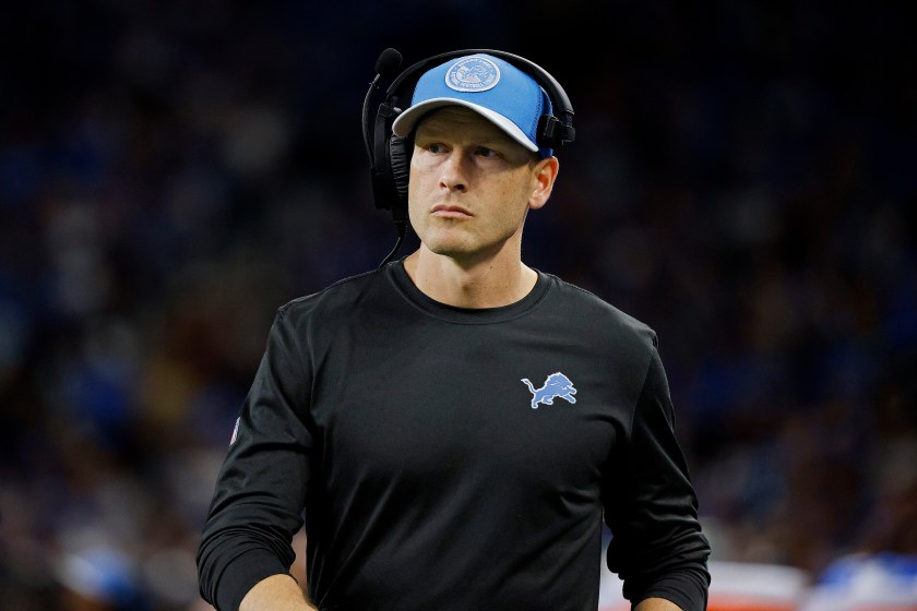 DETROIT, MICHIGAN - SEPTEMBER 24: Ben Johnson offensive coordinator with the Detroit Lions looks on during a game against the Atlanta Falcons at Ford Field on September 24, 2023 in Detroit, Michigan. 