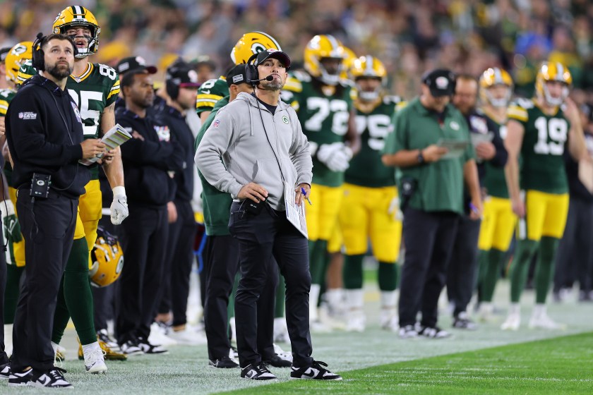 GREEN BAY, WISCONSIN - SEPTEMBER 28:  Head coach Matt LaFleur of the Green Bay Packers calls a play during a game against the Detroit Lions at Lambeau Field on September 28, 2023 in Green Bay, Wisconsin.  The Lions defeated the Packers 34-20. 