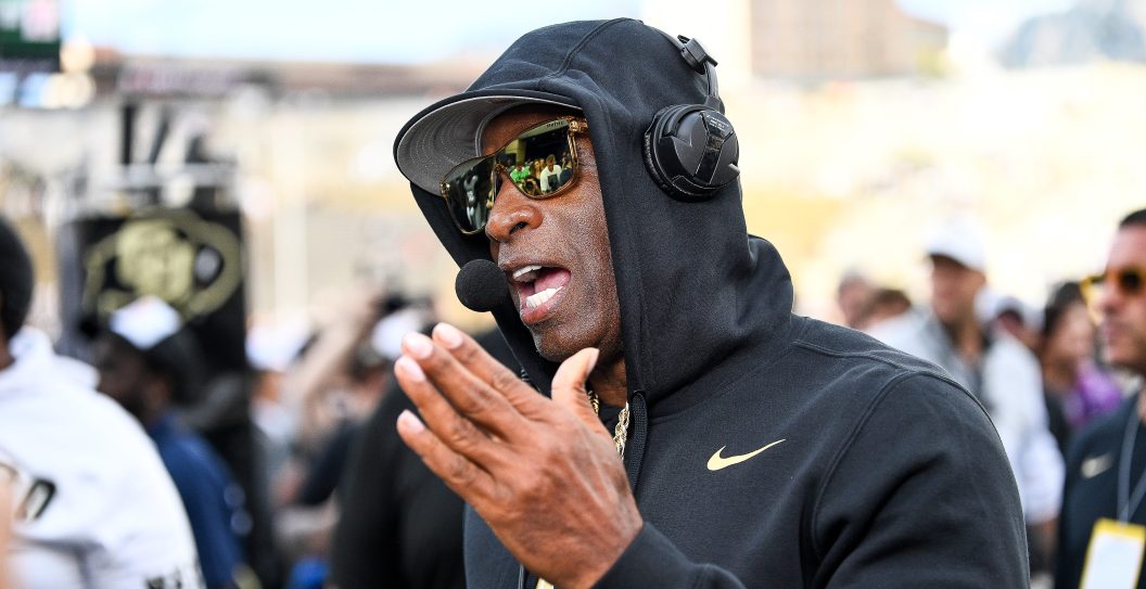 BOULDER, CO - SEPTEMBER 30: Head coach Deion Sanders of the Colorado Buffaloes gives a pregame interview before a game against the USC Trojans at Folsom Field on September 30, 2023 in Boulder, Colorado.