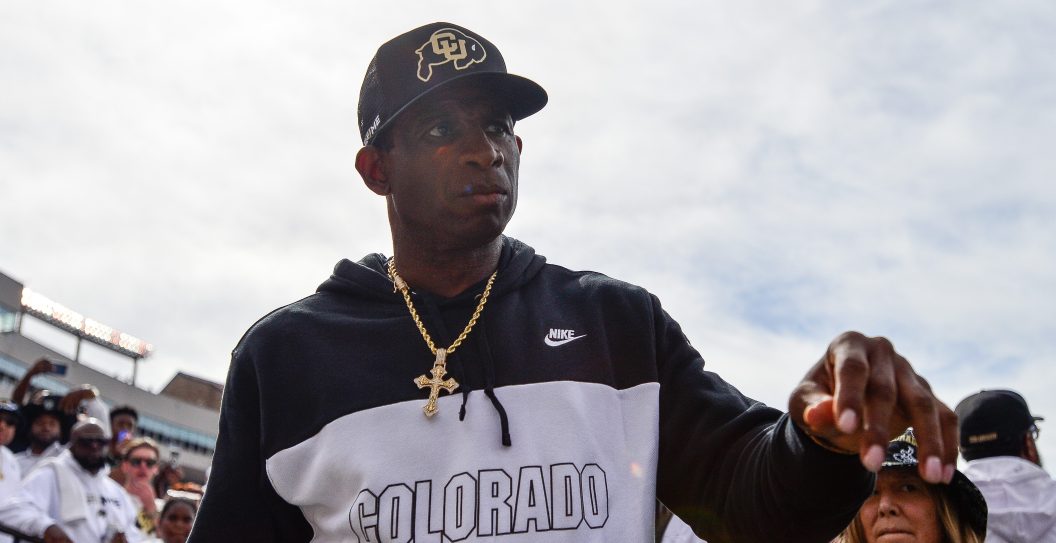 BOULDER, CO - SEPTEMBER 30: Head coach Deion Sanders of the Colorado Buffaloes walks off the field at halftime of a game against the USC Trojans at Folsom Field on September 30, 2023 in Boulder, Colorado.