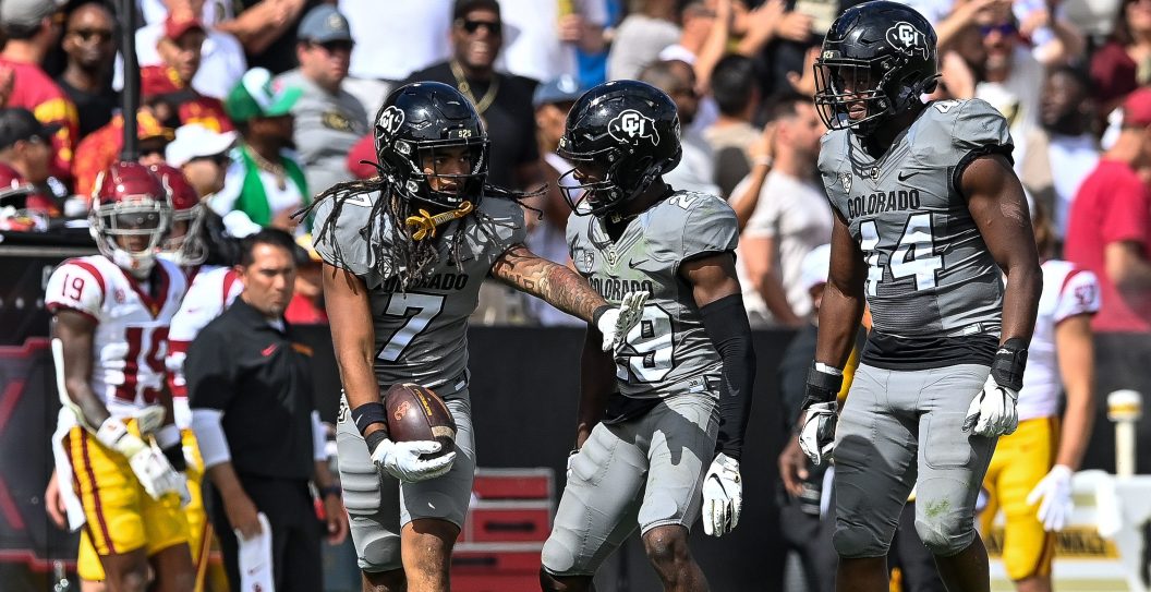 BOULDER, CO - SEPTEMBER 30: Safety Cam'Ron Silmon-Craig #7 of the Colorado Buffaloes celebrates after a third quarter interception against the USC Trojans in the third quarter at Folsom Field on September 30, 2023 in Boulder, Colorado.
