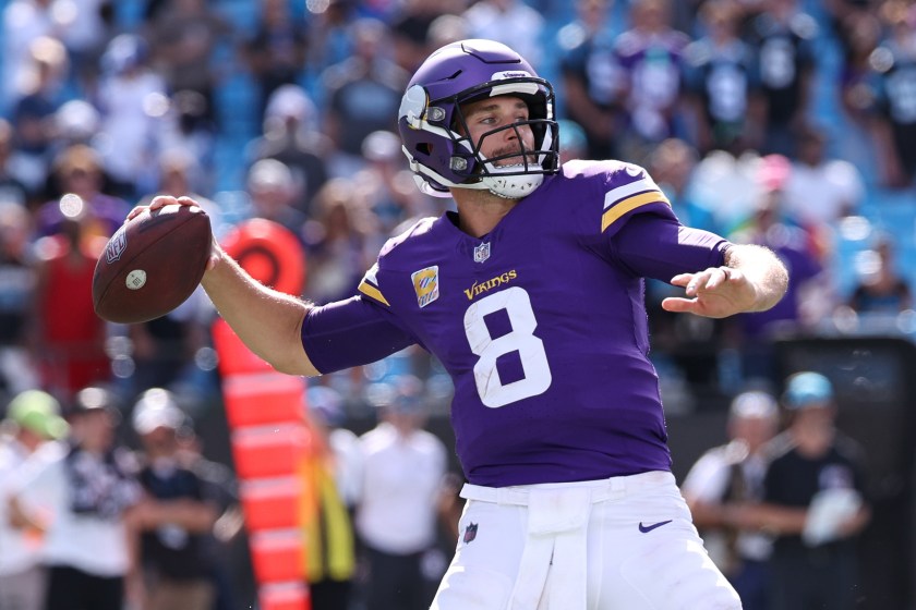 CHARLOTTE, NORTH CAROLINA - OCTOBER 01: Kirk Cousins #8 of the Minnesota Vikings throws the ball out of bounds for the final play of the game against the Cincinnati Bengals during the fourth quarter at Bank of America Stadium on October 01, 2023 in Charlotte, North Carolina. 