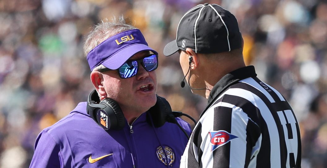 COLUMBIA, MO - OCTOBER 07: LSU Tigers head coach Brian Kelly argues a call with an official in the first quarter of an SEC football game between the LSU Tigers and Missouri Tigers on Oct 7, 2023 at Memorial Stadium in Columbia, MO.