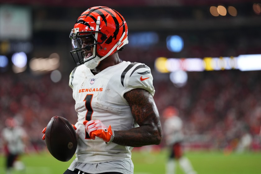 GLENDALE, AZ - OCTOBER 08: Ja'Marr Chase #1 of the Cincinnati Bengals celebrates after scoring a touchdown against the Arizona Cardinals during the second half at State Farm Stadium on October 8, 2023 in Glendale, Arizona. 