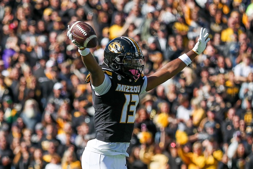 COLUMBIA, MO - OCTOBER 07: Missouri Tigers defensive back Daylan Carnell (13) leaps into the air to celebrate what he thought was a fumble recovery in the first quarter of an SEC football game between the LSU Tigers and Missouri Tigers on Oct 7, 2023 at Memorial Stadium in Columbia, MO. 