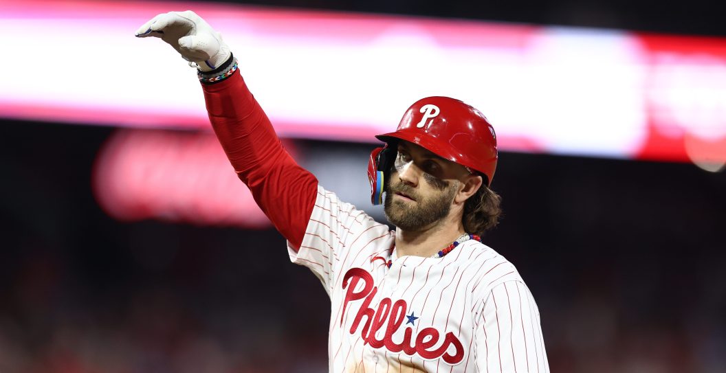 PHILADELPHIA, PENNSYLVANIA - OCTOBER 03: Bryce Harper #3 of the Philadelphia Phillies reacts after hitting a single during the eighth inning against the Miami Marlins in Game One of the Wild Card Series at Citizens Bank Park on October 03, 2023 in Philadelphia, Pennsylvania.