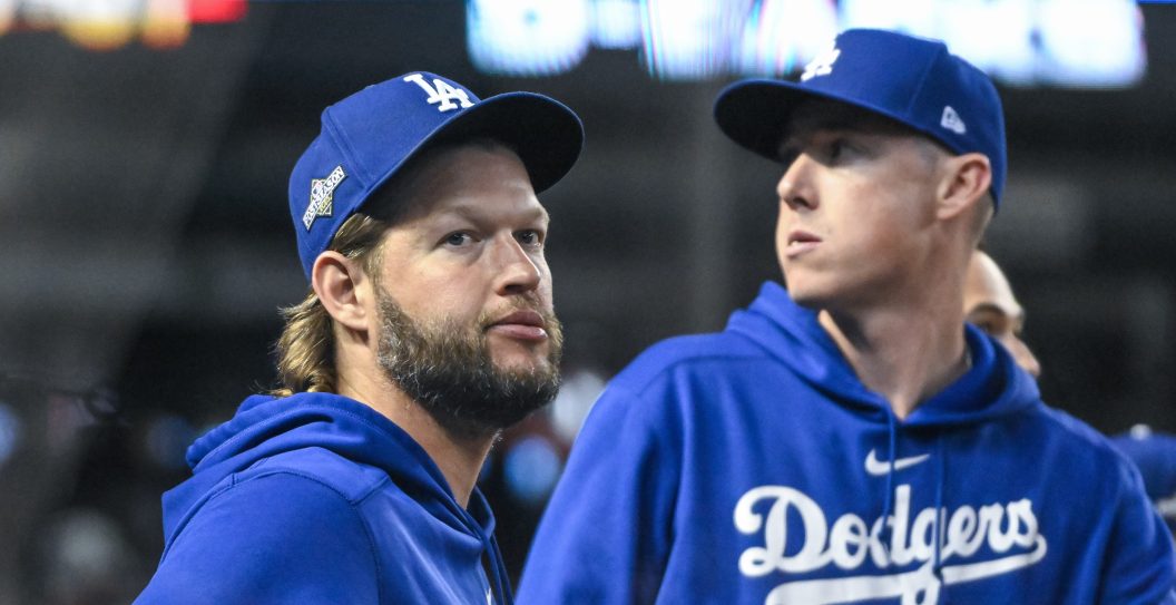 PHOENIX, AZ - October 11: Los Angeles Dodgers pitcher Clayton Kershaw watches as the Dodgers are defeated in game three of the National League Division Series against the Arizona Diamondbacks at Chase Field on Monday, Oct. 11, 2023, in Phoenix, AZ.