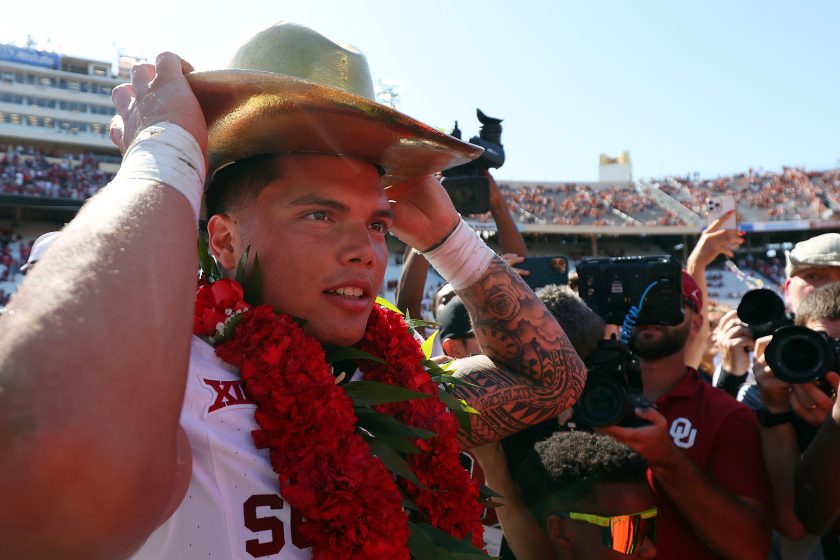 AUSTIN, TEXAS - OCTOBER 07: Quarterback Dillon Gabriel #8 of the Oklahoma Sooners wears the Golden Hat after the win over the Texas Longhorns at the Cotton Bowl on October 07,