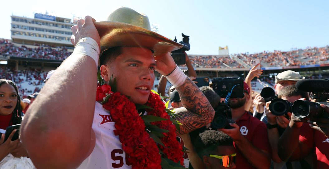 AUSTIN, TEXAS - OCTOBER 07: Quarterback Dillon Gabriel #8 of the Oklahoma Sooners wears the Golden Hat after the win over the Texas Longhorns at the Cotton Bowl on October 07,