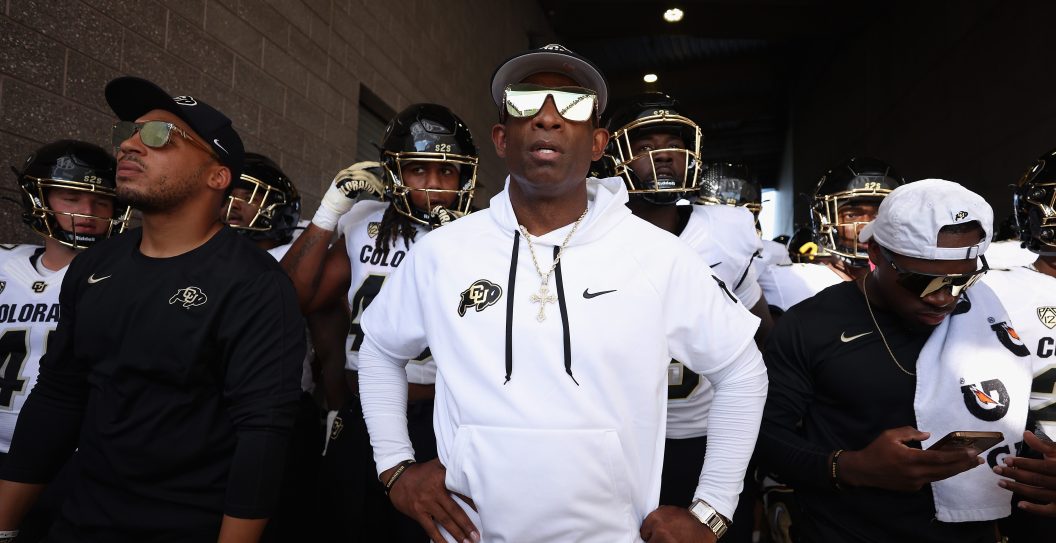 TEMPE, ARIZONA - OCTOBER 07: Head coach Deion Sanders of the Colorado Buffaloes prepares to take the field with teammates for the NCAAF game against the Arizona State Sun Devils at Mountain America Stadium on October 07, 2023 in Tempe, Arizona. The Buffaloes defeated the Sun Devils 27-24.