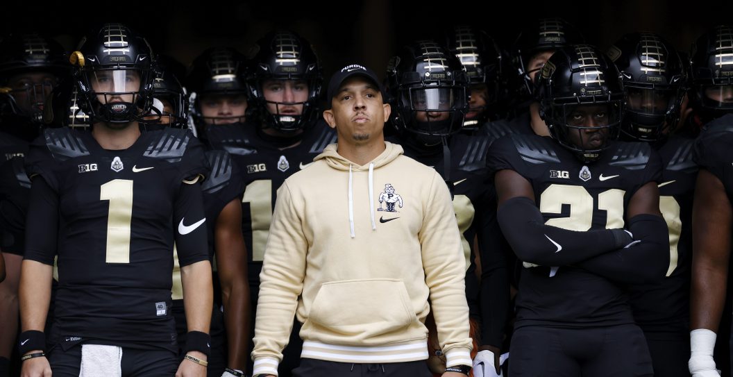 WEST LAFAYETTE, IN - OCTOBER 14: Purdue Boilermakers head coach Ryan Walters gets ready to lead his team to the field before a college football game against the Ohio State Buckeyes on October 14, 2023 at Ross-Ade Stadium in West Lafayette, Indiana.