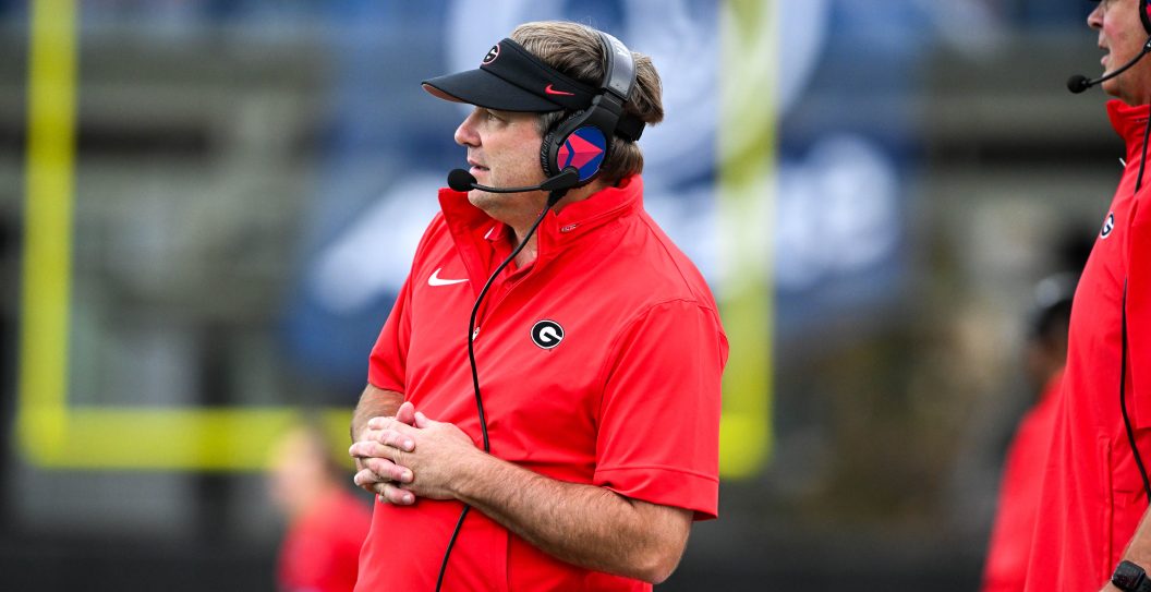 NASHVILLE, TENNESSEE - OCTOBER 14: Kirby Smart of the Georgia Bulldogs coaches on the sideline against the Vanderbilt Commodores in the first half at FirstBank Stadium on October 14, 2023 in Nashville, Tennessee.