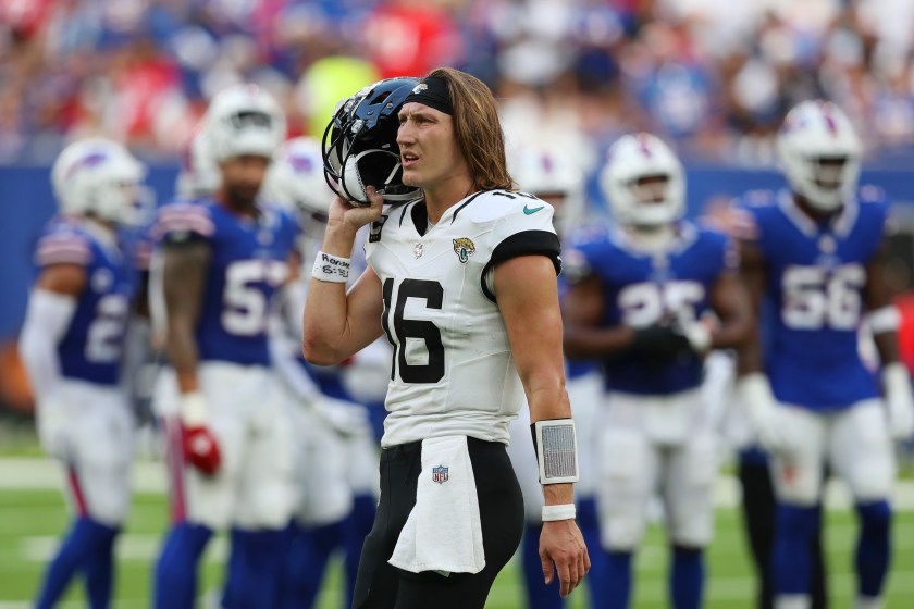 LONDON, ENGLAND - OCTOBER 08: Trevor Lawrence #16 of the Jacksonville Jaguars talks to the bench in the Third Quarter during the NFL Match between Jacksonville Jaguars and Buffalo Bills at Tottenham Hotspur Stadium on October 08, 2023 in London, England. 
