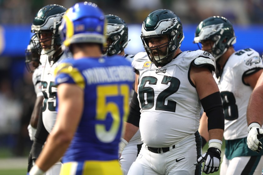 INGLEWOOD, CALIFORNIA - OCTOBER 08: Jason Kelce #62 of the Philadelphia Eagles lines up for a play in the fourth quarter against the Los Angeles Rams at SoFi Stadium on October 08, 2023 in Inglewood, California. 