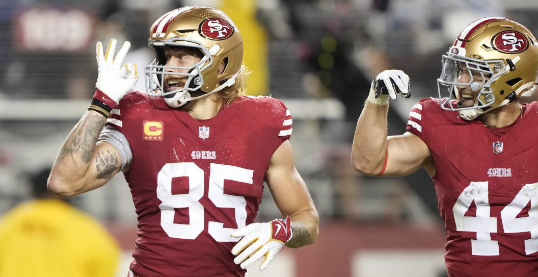 George Kittle #85 of the San Francisco 49ers celebrates with Kyle Juszczyk #44 after a touchdown catch during the third quarter against the Dallas Cowboys at Levi's Stadium