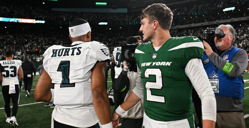 EAST RUTHERFORD, NJ - OCTOBER 15: Zach Wilson #2 of the New York Jets meets with Jalen Hurts #1 of the Philadelphia Eagles following the game at MetLife Stadium on October 15, 2023 in East Rutherford, New Jersey.