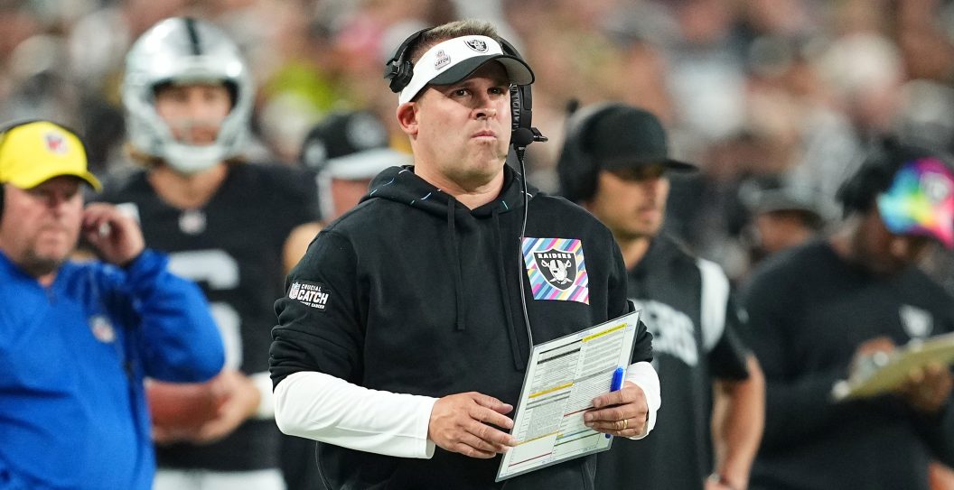 LAS VEGAS, NEVADA - OCTOBER 09: Head coach Josh McDaniels of the Las Vegas Raiders looks on during the second quarter against the Green Bay Packers at Allegiant Stadium on October 09, 2023 in Las Vegas, Nevada.