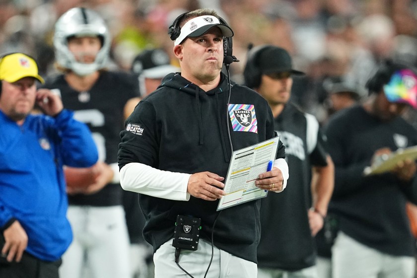 LAS VEGAS, NEVADA - OCTOBER 09: Head coach Josh McDaniels of the Las Vegas Raiders looks on during the second quarter against the Green Bay Packers at Allegiant Stadium on October 09, 2023 in Las Vegas, Nevada. 