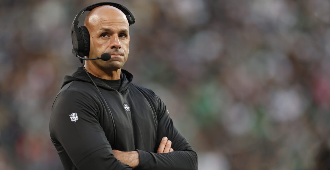 EAST RUTHERFORD, NEW JERSEY - OCTOBER 15: Head coach Robert Saleh of the New York Jets looks on during the first half in the game against the Philadelphia Eagles at MetLife Stadium on October 15, 2023 in East Rutherford, New Jersey.